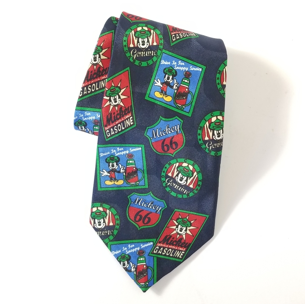 VINTAGE Mickey Mouse Necktie Blue Multicolor Gasoline Petroliana Retro Disney